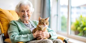 Older resident reviewing medications and appointment notes with an assisted living care coordinator.